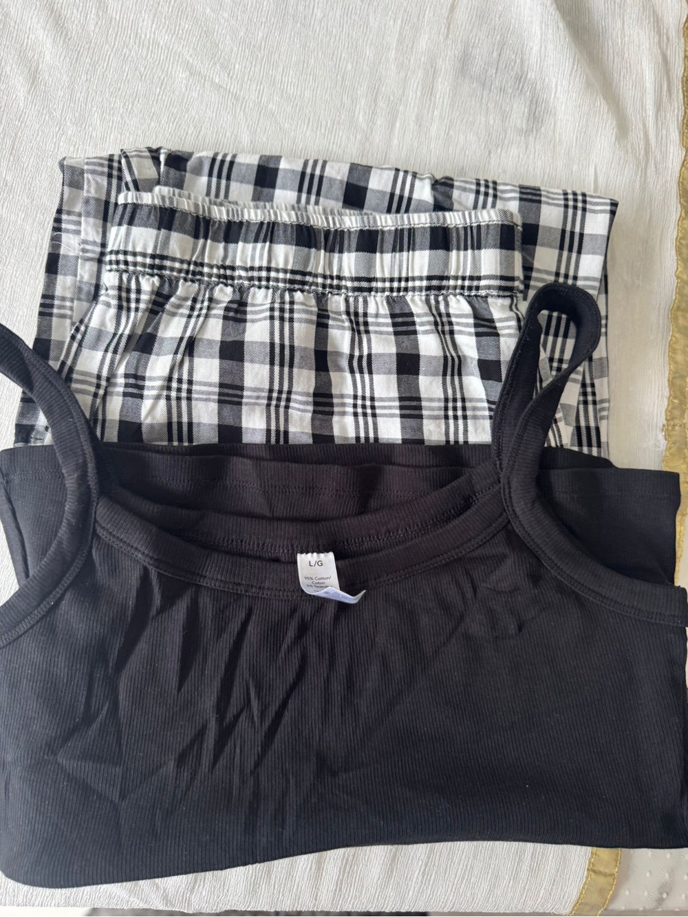 Women night suit with Black & White Plaid Bottoms Set